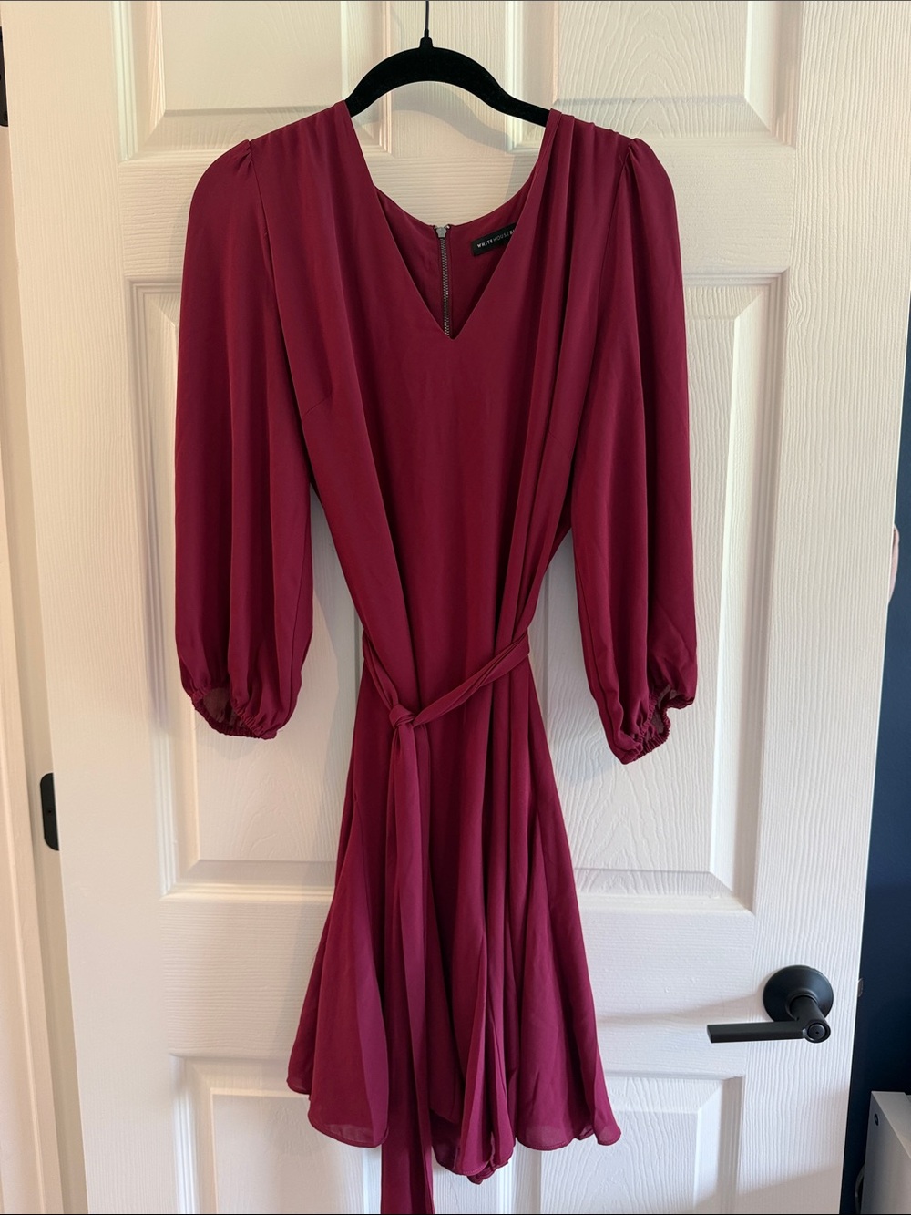 White House Black Market Burgundy V-Neck Long-Sleeve Tie-Waist Dress